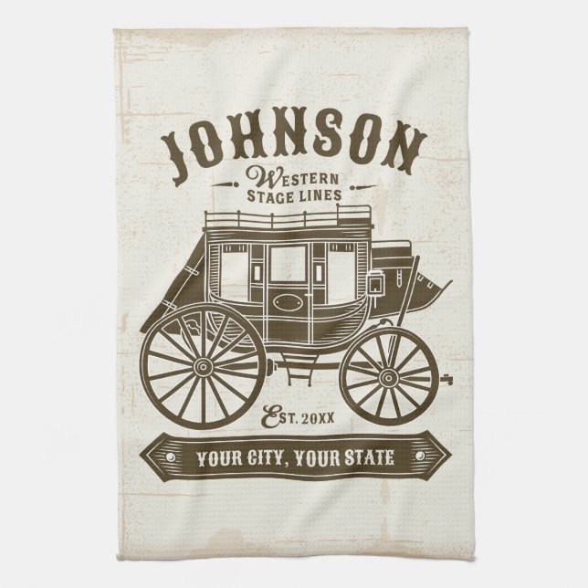Personalized NAME Old Western Stagecoach Carriage Kitchen Towel (Vertical)