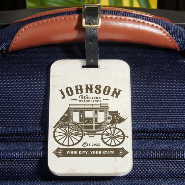 Personalized NAME Old Western Stagecoach Carriage Luggage Tag (Front Insitu 2)