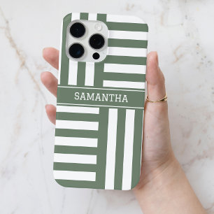 Personalized Name Olive Green White Stripes Chic iPhone 15 Pro Max Case