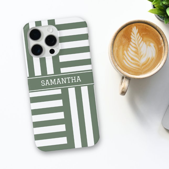 Personalized Name Olive Green White Stripes Chic Case-Mate iPhone Case (Creator Uploaded)