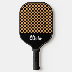 Personalized Name orange and black Chequered Pat Pickleball Paddle