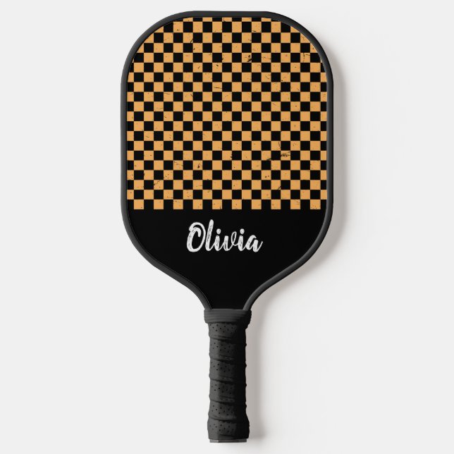  Personalized Name orange and black  Chequered Pat Pickleball Paddle (Front)