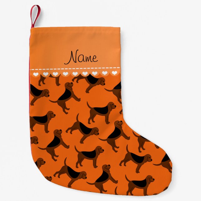 Personalized name orange bloodhound dogs small christmas stocking (Front)
