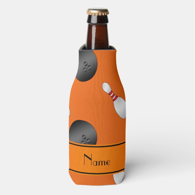 Personalized name orange bowling balls pins bottle cooler (Bottle Front)