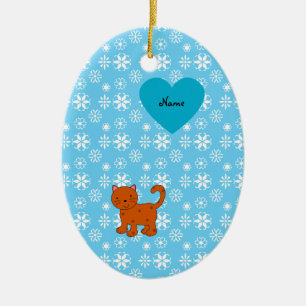 Personalized name orange cat blue snowflakes ceramic ornament