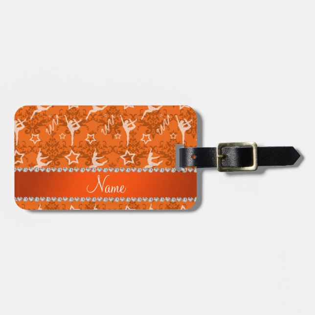 Personalized name orange damask gymnastics luggage tag (Front Horizontal)