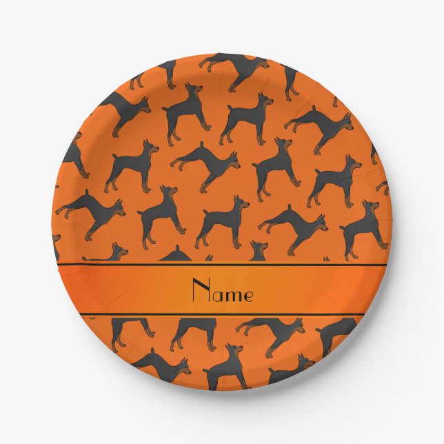 Personalized name orange doberman pinschers paper plate (Front)