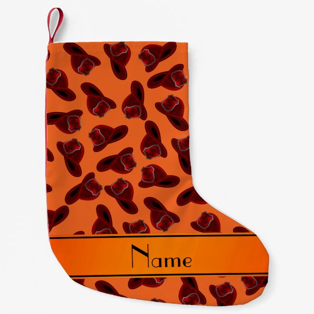 Personalized name orange fire helmets small christmas stocking (Front)