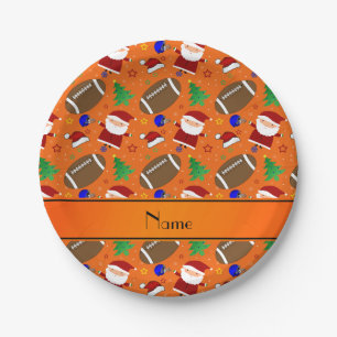 Personalized name orange football christmas paper plate