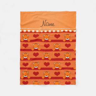 Personalized name orange foxes red hearts stripes fleece blanket