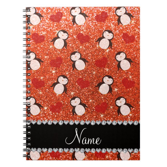 Personalized name orange glitter penguins hearts notebook (Front)