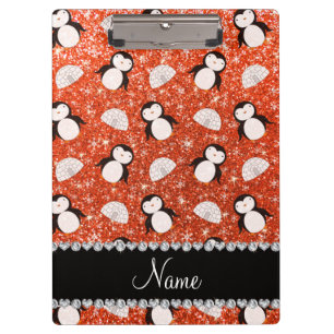 Personalized name orange glitter penguins igloos clipboard