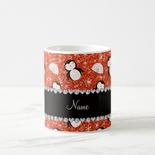 Personalized name orange glitter penguins igloos coffee mug (Center)