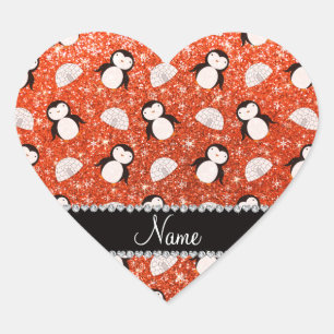 Personalized name orange glitter penguins igloos heart sticker