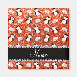 Personalized name orange glitter penguins igloos magnet