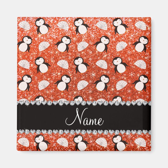 Personalized name orange glitter penguins igloos magnet (Front)