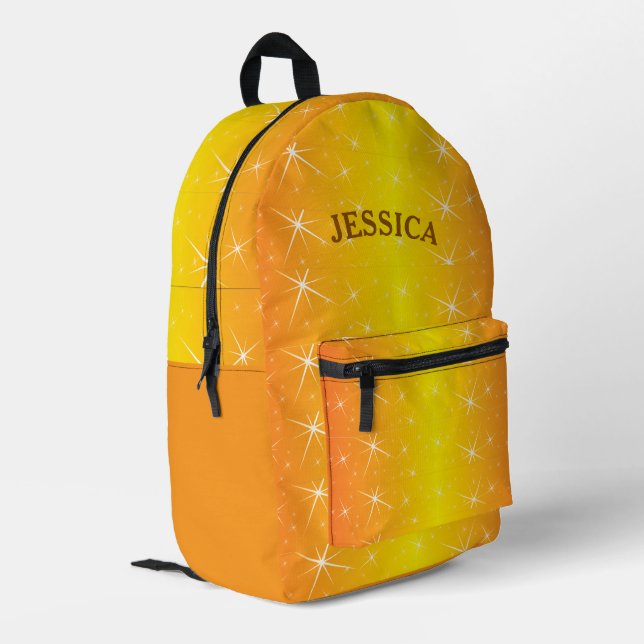 Personalized Name Orange Glitter Star Printed Backpack (Back Corner Left)