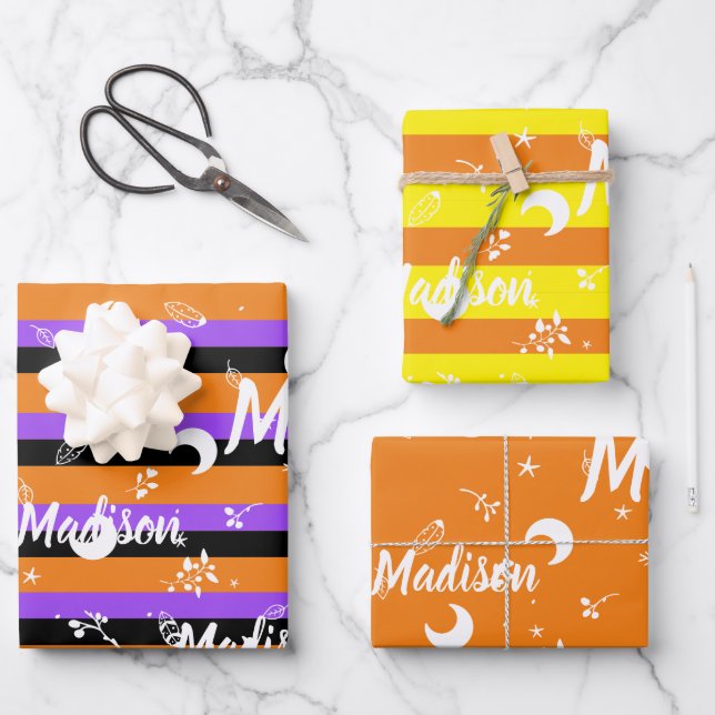 Personalized Name Orange Halloween Girl Whimsical Wrapping Paper Sheet (Front)