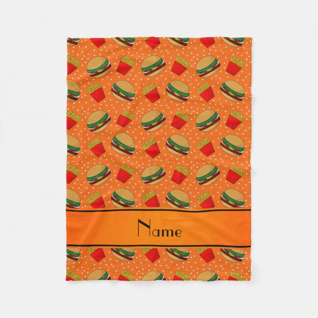 Personalized name orange hamburgers fries dots fleece blanket (Front)