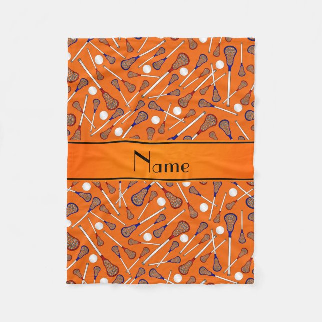 Personalized name orange lacrosse pattern fleece blanket (Front)