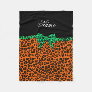 Personalized name orange leopard print green bow fleece blanket