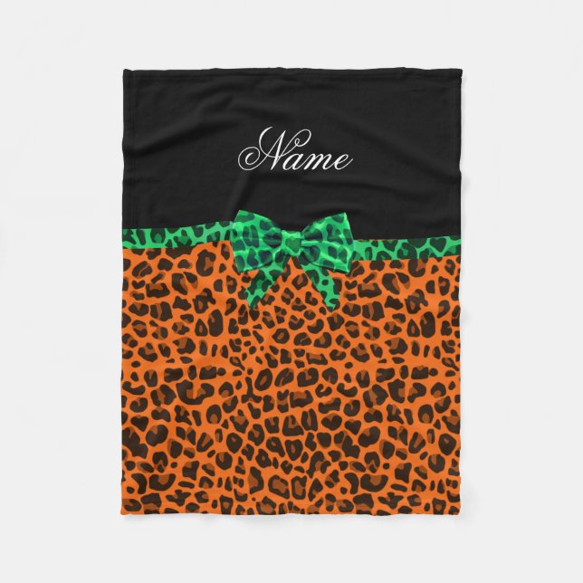 Personalized name orange leopard print green bow fleece blanket (Front)