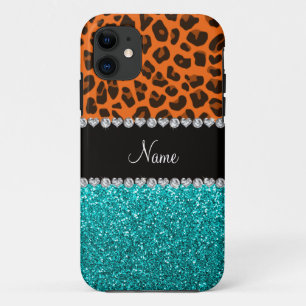 Personalized name orange leopard turquoise glitter iPhone 11 case
