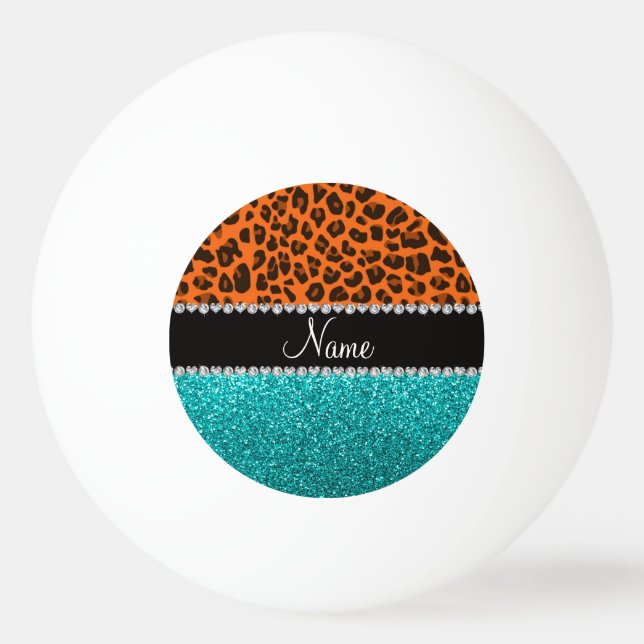Personalized name orange leopard turquoise glitter ping pong ball (Front)
