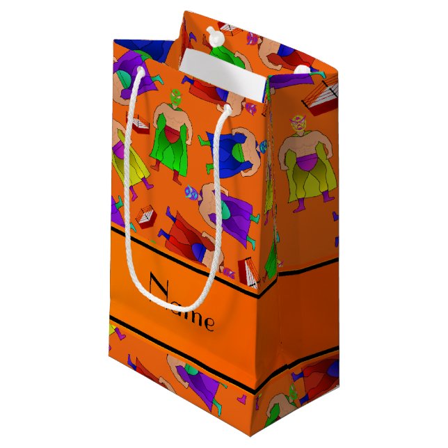 Personalized name orange mexican wrestling small gift bag (Front Angled)