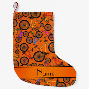 Personalized name orange mountain bikes small christmas stocking