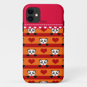 Personalized name orange panda red heart stripes iPhone 11 case