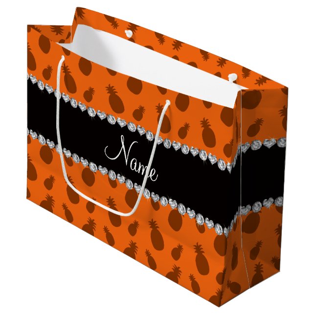 Personalized name orange pineapples large gift bag (Front Angled)