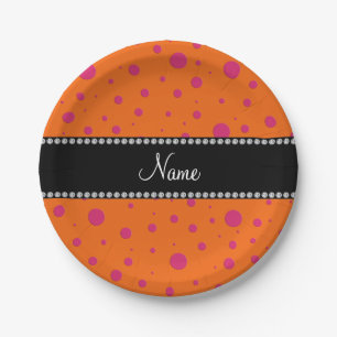 Personalized name orange pink polka dots paper plate