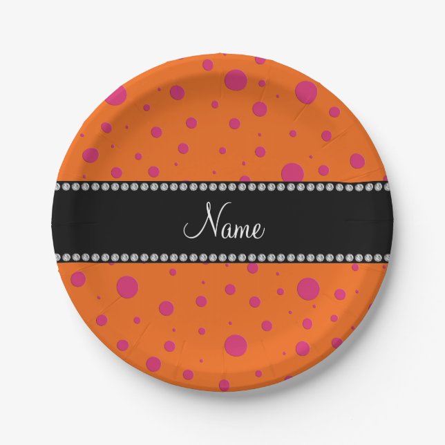 Personalized name orange pink polka dots paper plate (Front)