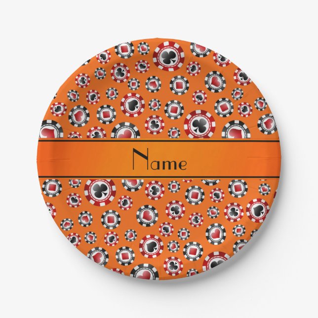 Personalized name orange poker chips paper plate (Front)