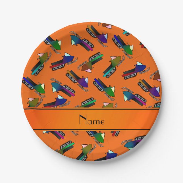 Personalized name orange snowmobiles paper plate (Front)