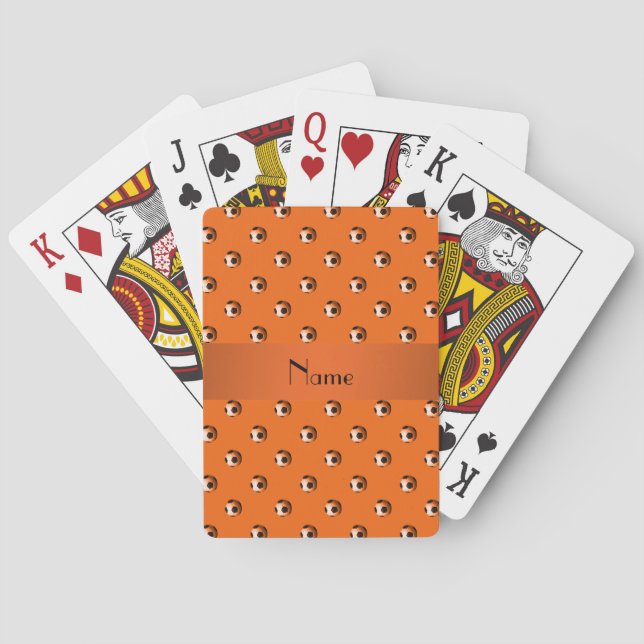 Personalized name orange soccer balls playing cards (Back)