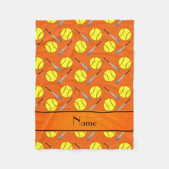 Personalized name orange softball pattern fleece blanket (Front)