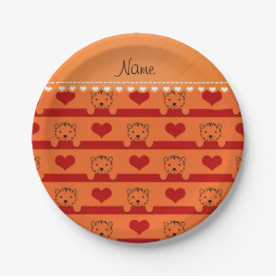 Personalized name orange tigers red hearts stripes paper plate