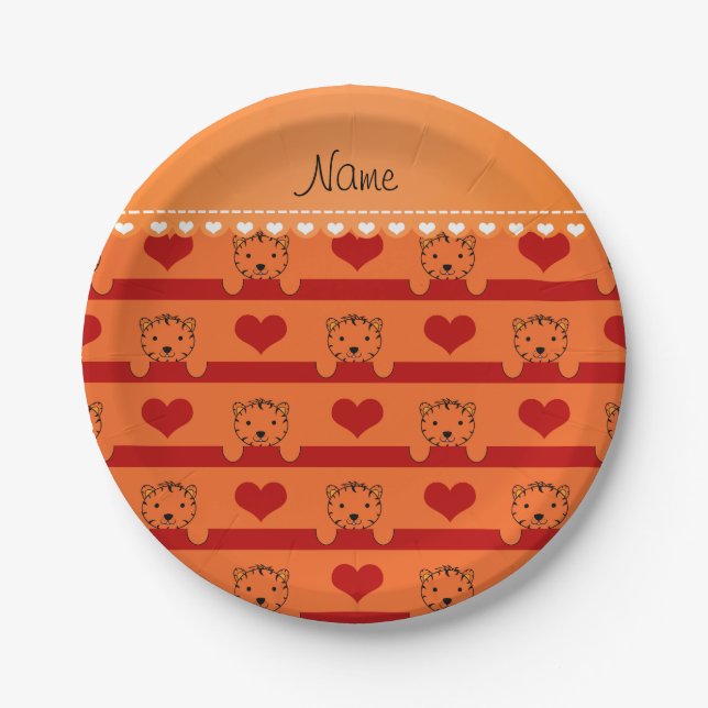 Personalized name orange tigers red hearts stripes paper plate (Front)