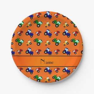 Personalized name orange tractors paper plate
