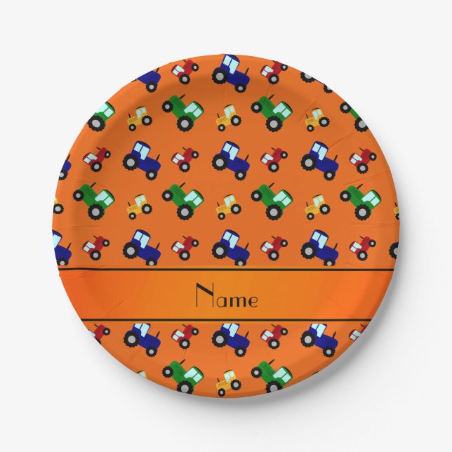 Personalized name orange tractors paper plate (Front)