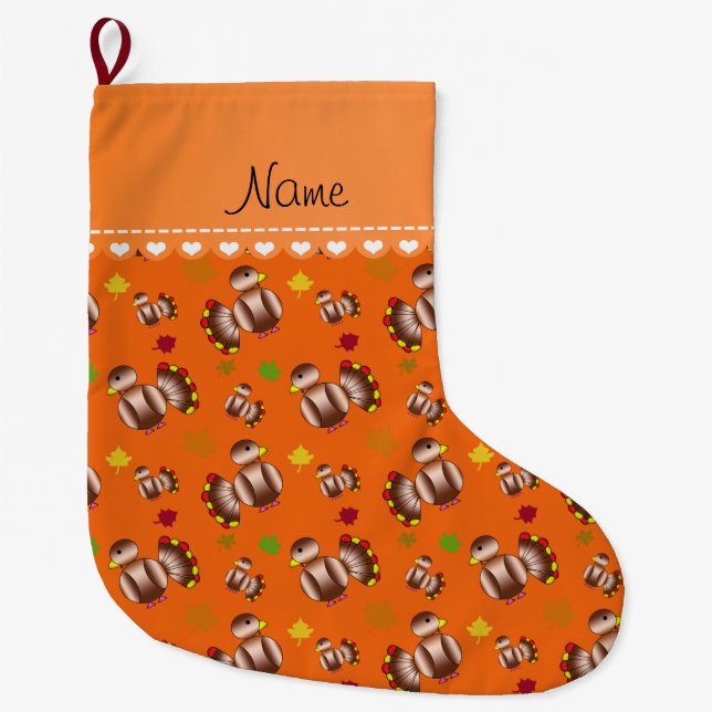 Personalized name orange turkey's leaves large christmas stocking (Front)