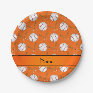 Personalized name orange wooden bats baseballs paper plate