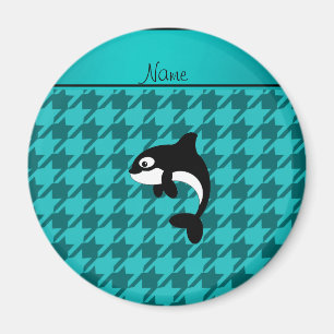 Personalized name orca whale turquoise houndstooth magnet