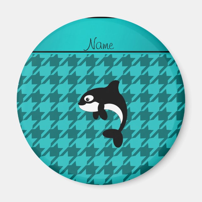 Personalized name orca whale turquoise houndstooth magnet (Front)
