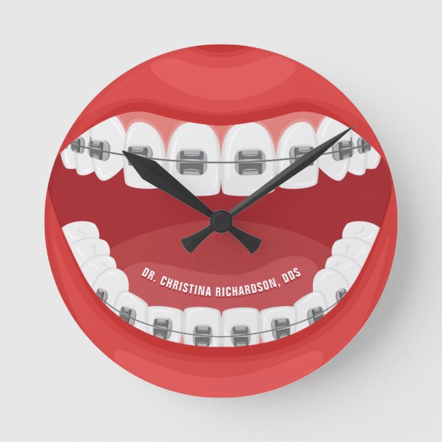 Personalized Name Orthodontic Office Dental Braces Round Clock (Front)