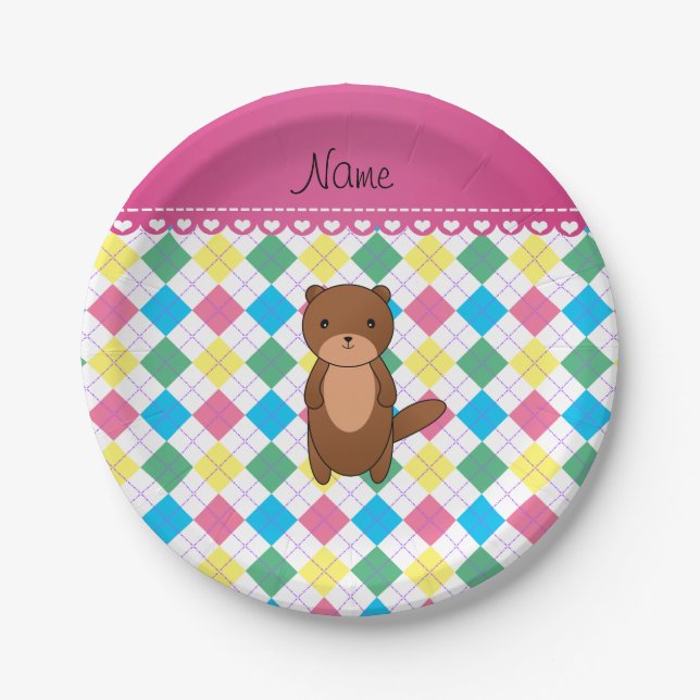 Personalized name otter rainbow argyle paper plate (Front)