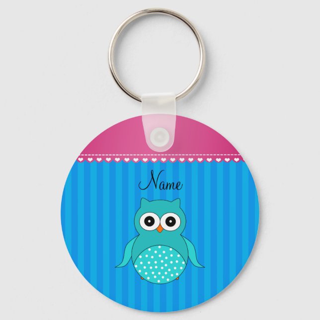 Personalized name owl blue stripes keychain (Front)