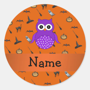 Personalized name owl halloween pattern classic round sticker